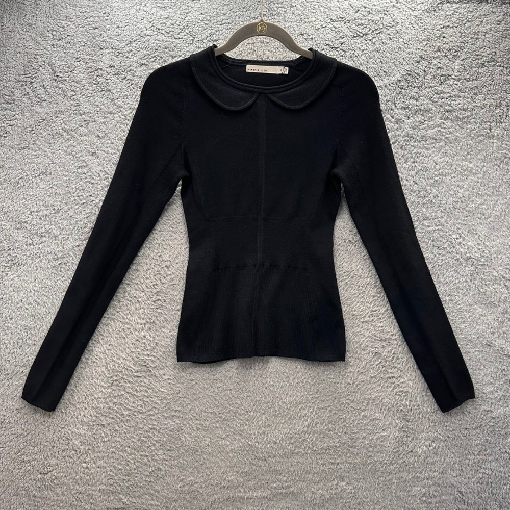 Karen Millen Black Peter Pan Collar Long Sleeve Knit Top Size 2 Ribbed Waist
